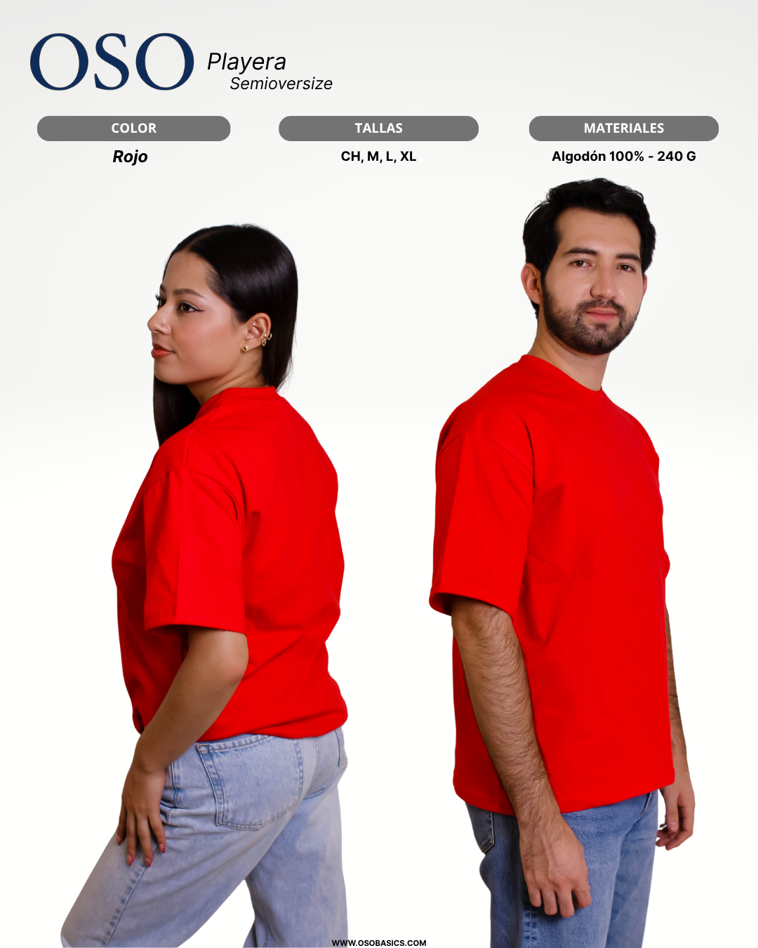 Playera Semioversize Rojo Unisex 240GSM | 100% Algodón Premium