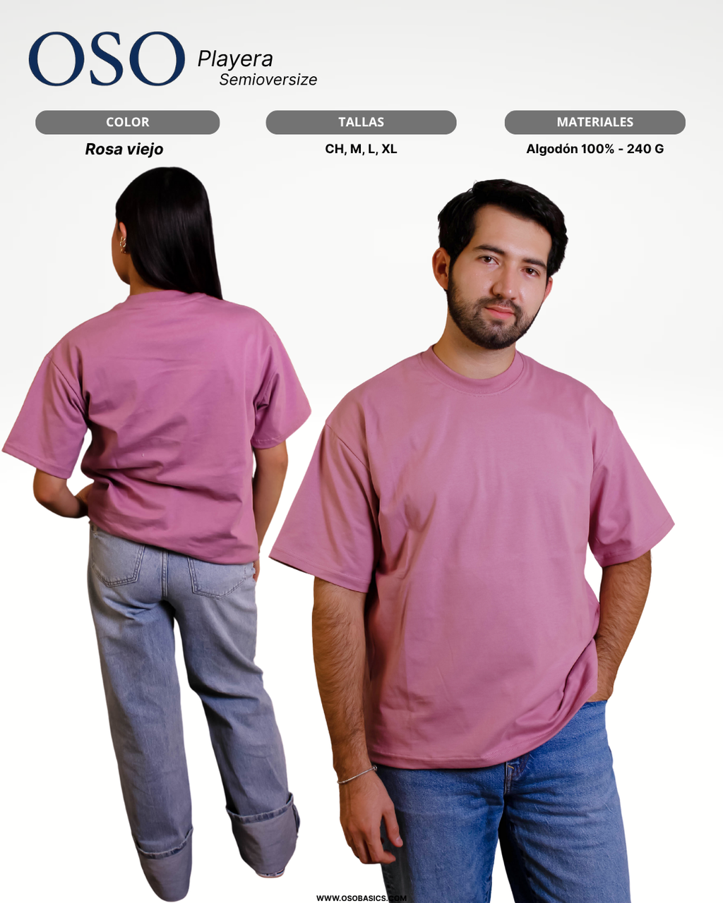 Playera Semioversize Rosa Viejo Unisex 240GSM | 100% Algodón Premium