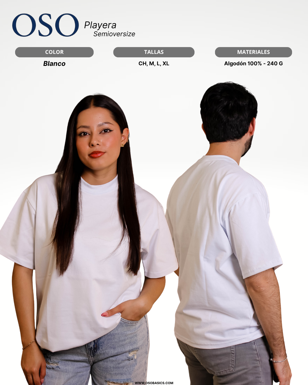 Playera Semioversize Blanco Unisex 240GSM | 100% Algodón Premium