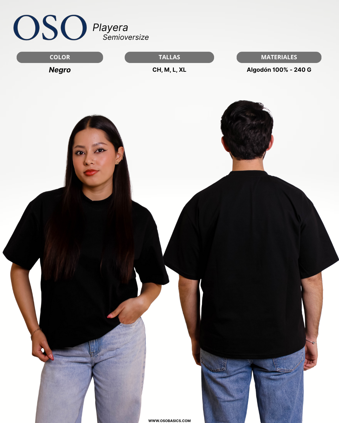 Playera Semioversize Negro Unisex 240GSM | 100% Algodón Premium