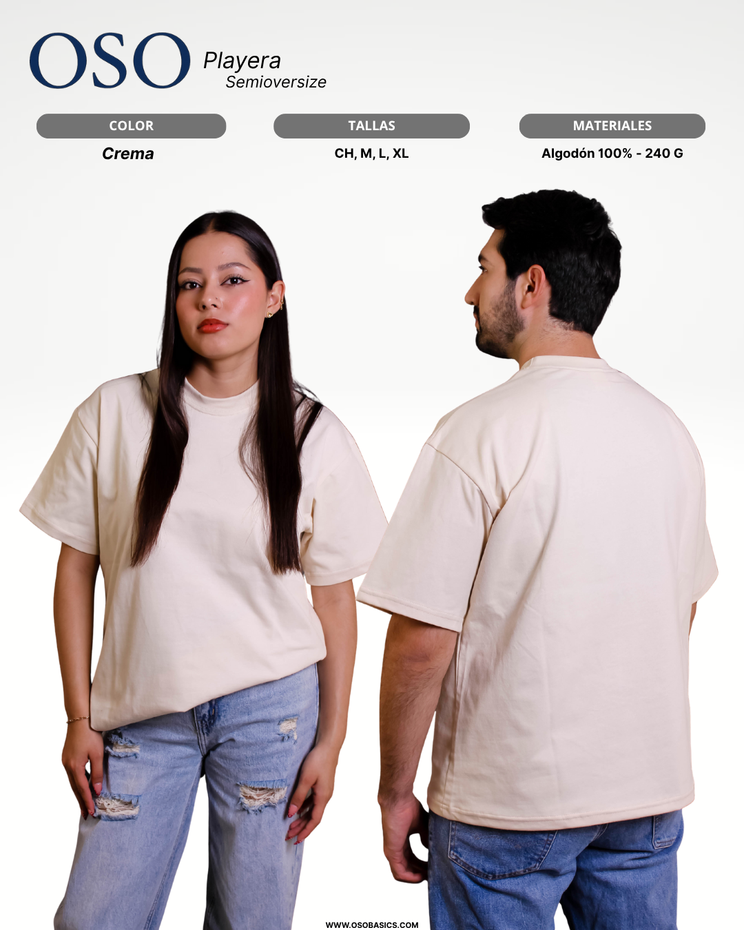 Playera Semioversize Crema Unisex 240GSM | 100% Algodón Premium