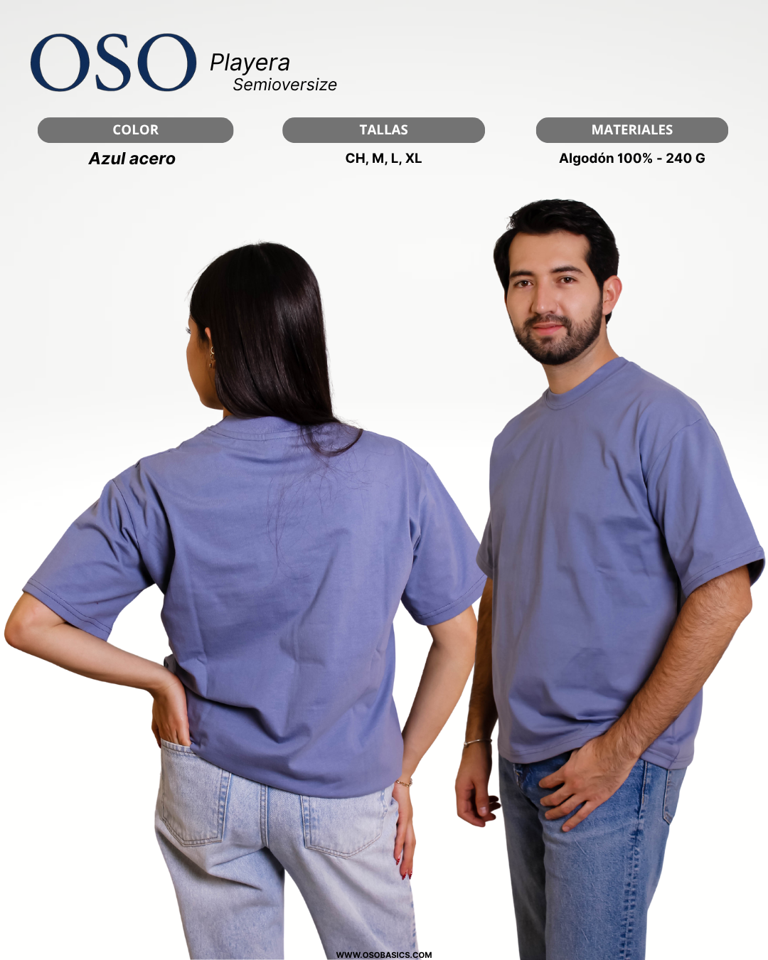 Playera Semioversize Azul Acero Unisex 240GSM | 100% Algodón Premium